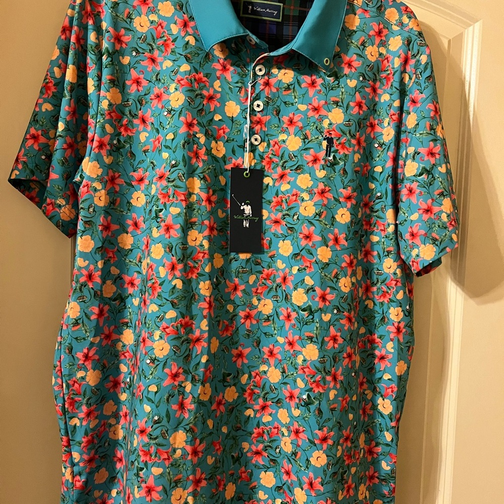 William Murray Golf Blue, Pink and Yellow Polo Shirt Vibrant Design